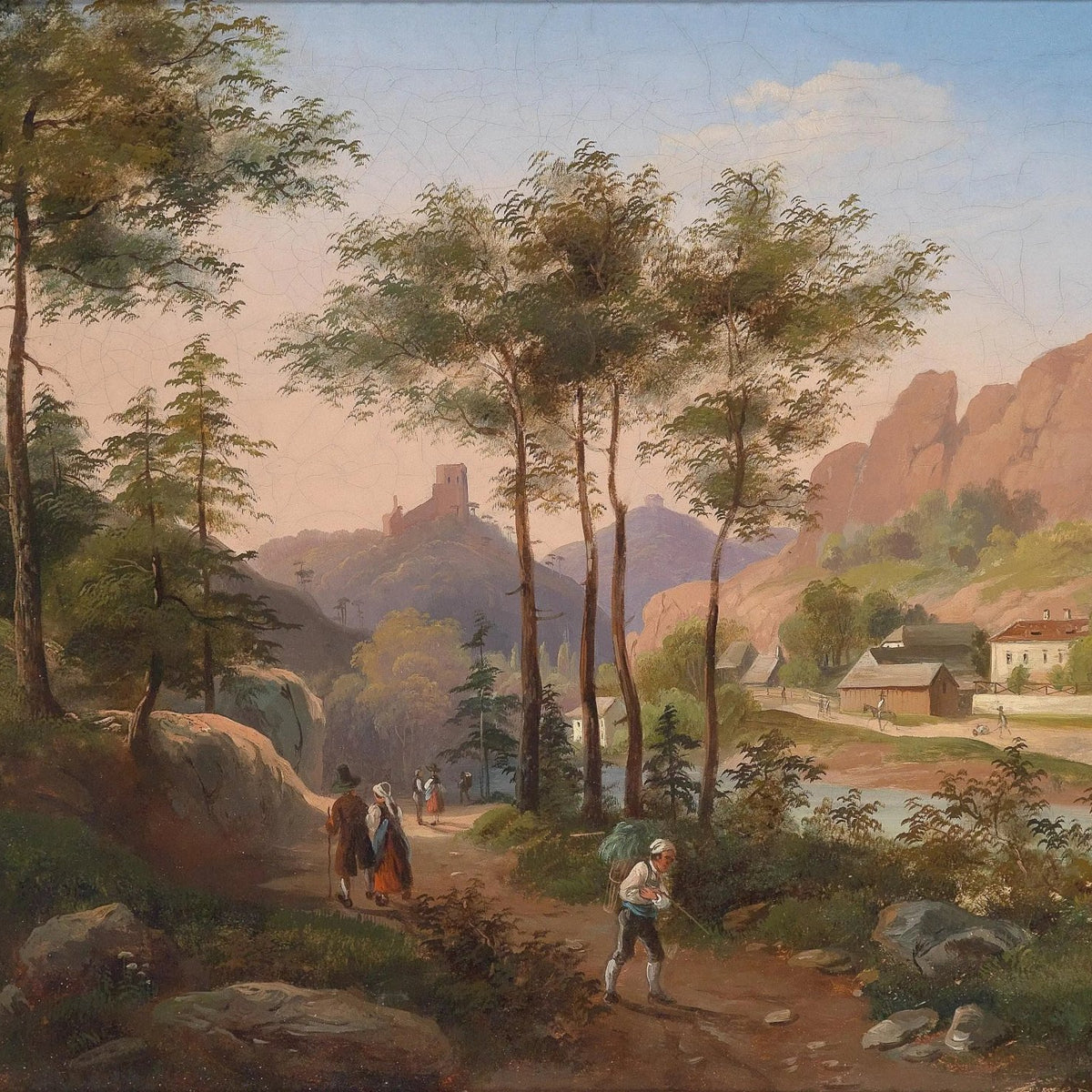 Landscape Oil Painting - Mountain Valley with Path, Figures & Buildings - Oil Painting Haven