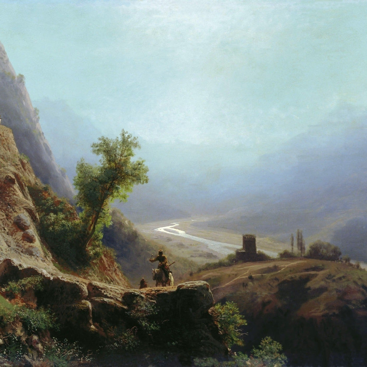 Landscape Oil Painting - Mountain Valley with River and Mounted Figures - Oil Painting Haven