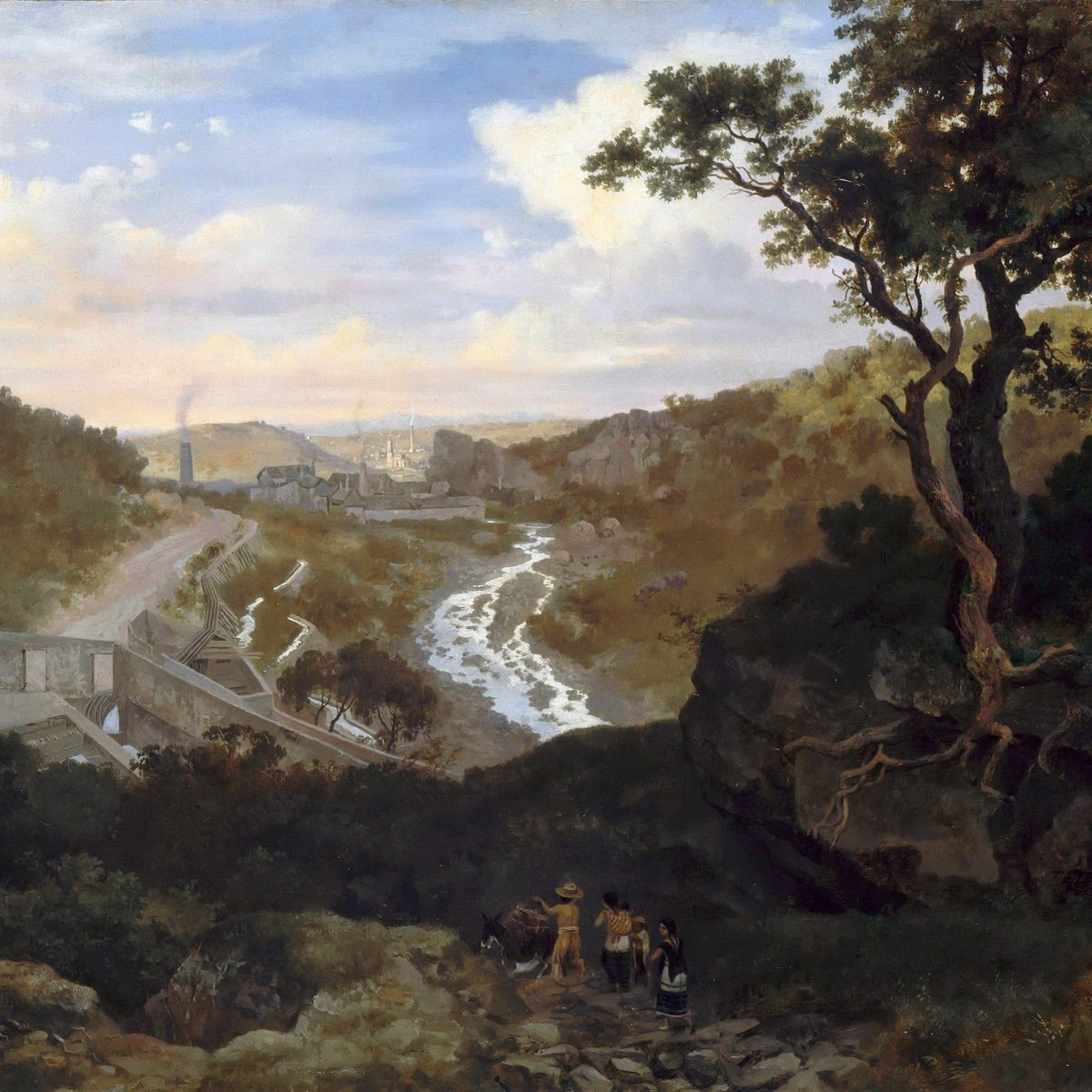 Hand-painted mountain valley with river and village landscape oil painting on canvas