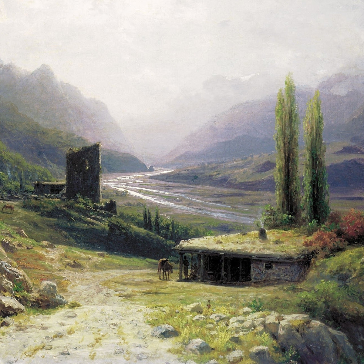 Landscape Oil Painting - Mountain Valley with River, Hut and Tower - Oil Painting Haven