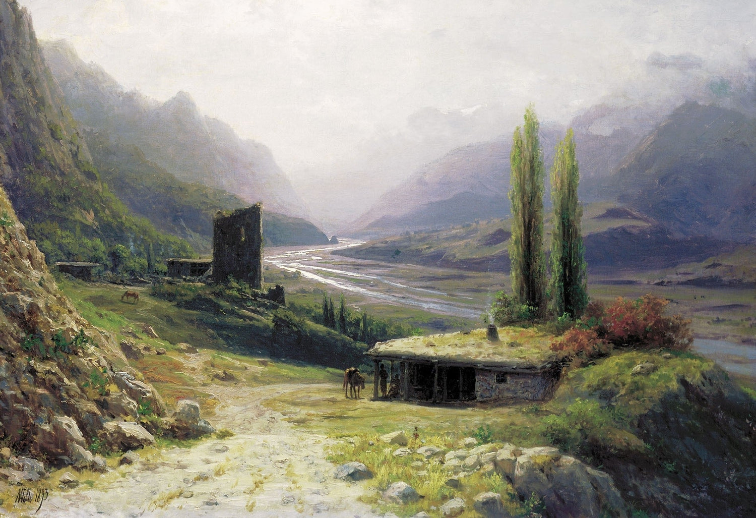 Landscape Oil Painting - Mountain Valley with River, Hut and Tower - Oil Painting Haven