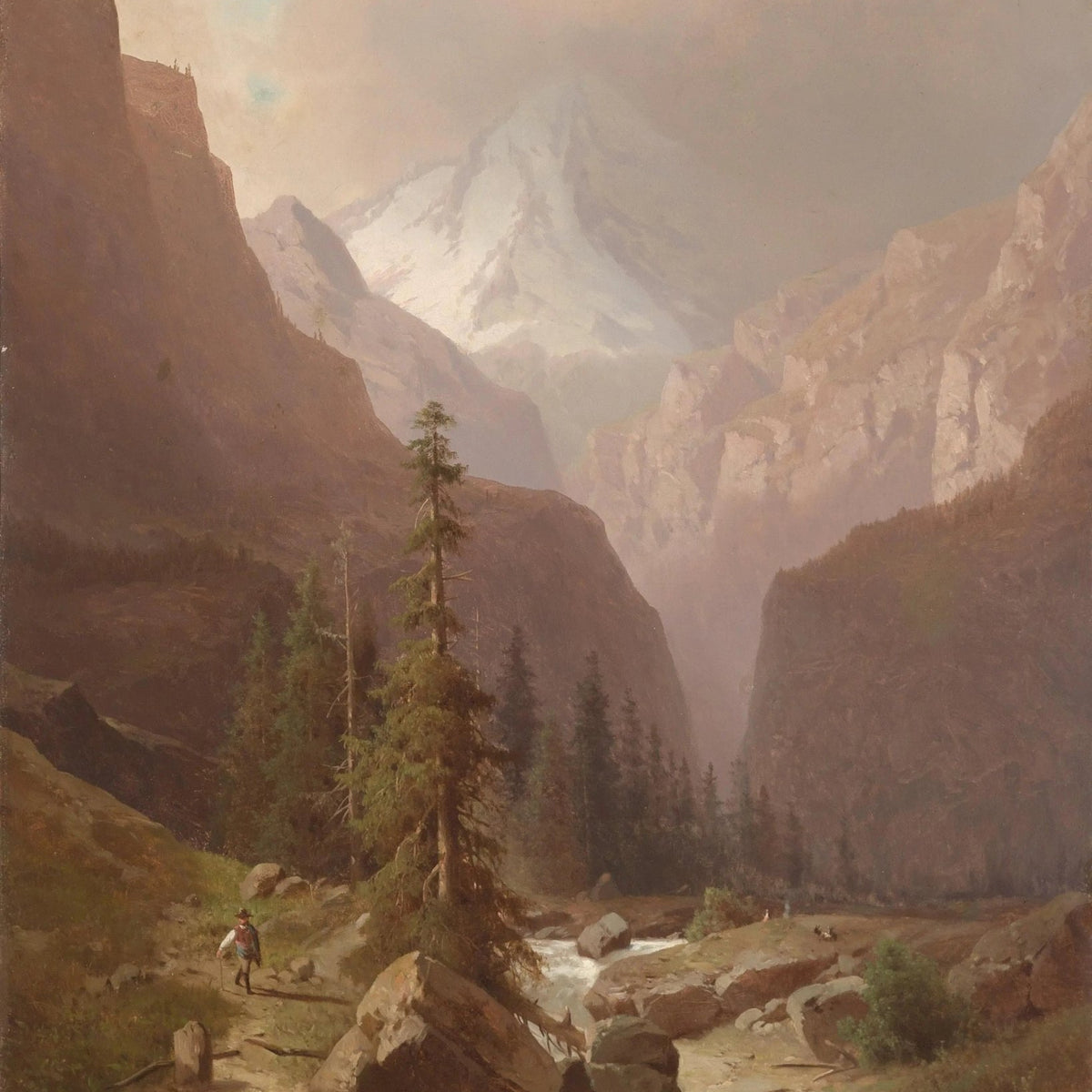 Landscape Oil Painting - Mountain Valley with Stream & Figure - Oil Painting Haven