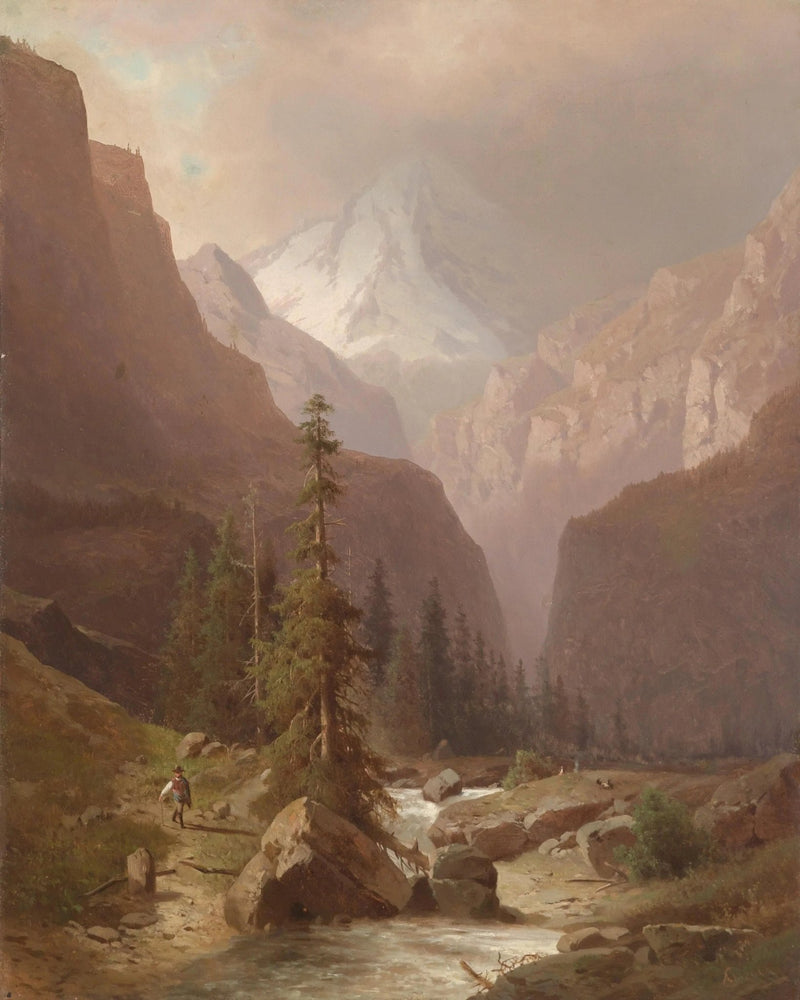 Landscape Oil Painting - Mountain Valley with Stream & Figure - Oil Painting Haven