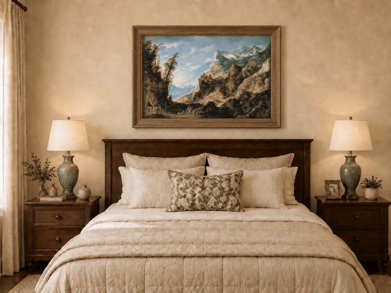 Landscape Oil Painting - Mountain Valley with Travelers & Peaks