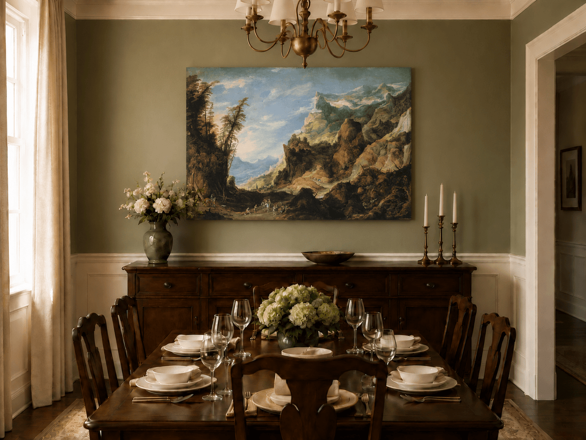 Landscape Oil Painting - Mountain Valley with Travelers & Peaks