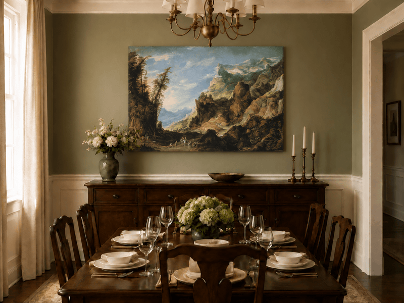 Landscape Oil Painting - Mountain Valley with Travelers & Peaks