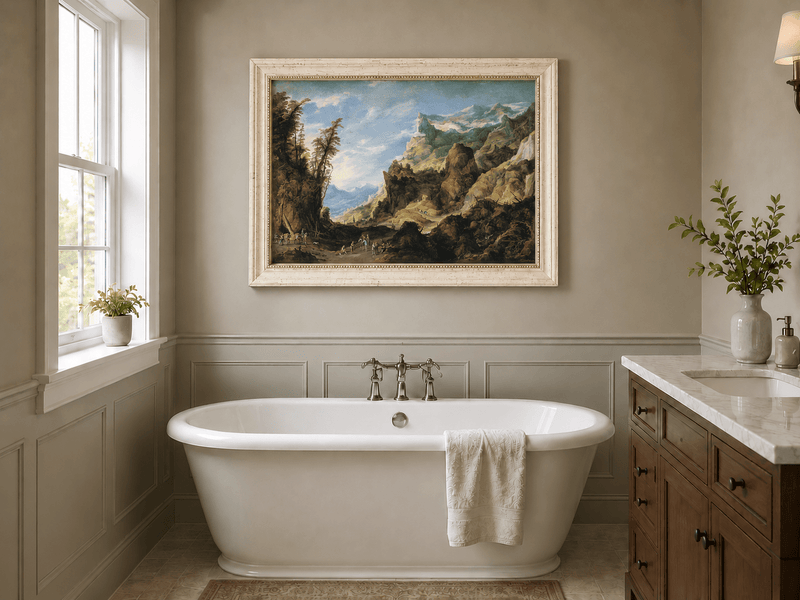 Landscape Oil Painting - Mountain Valley with Travelers & Peaks