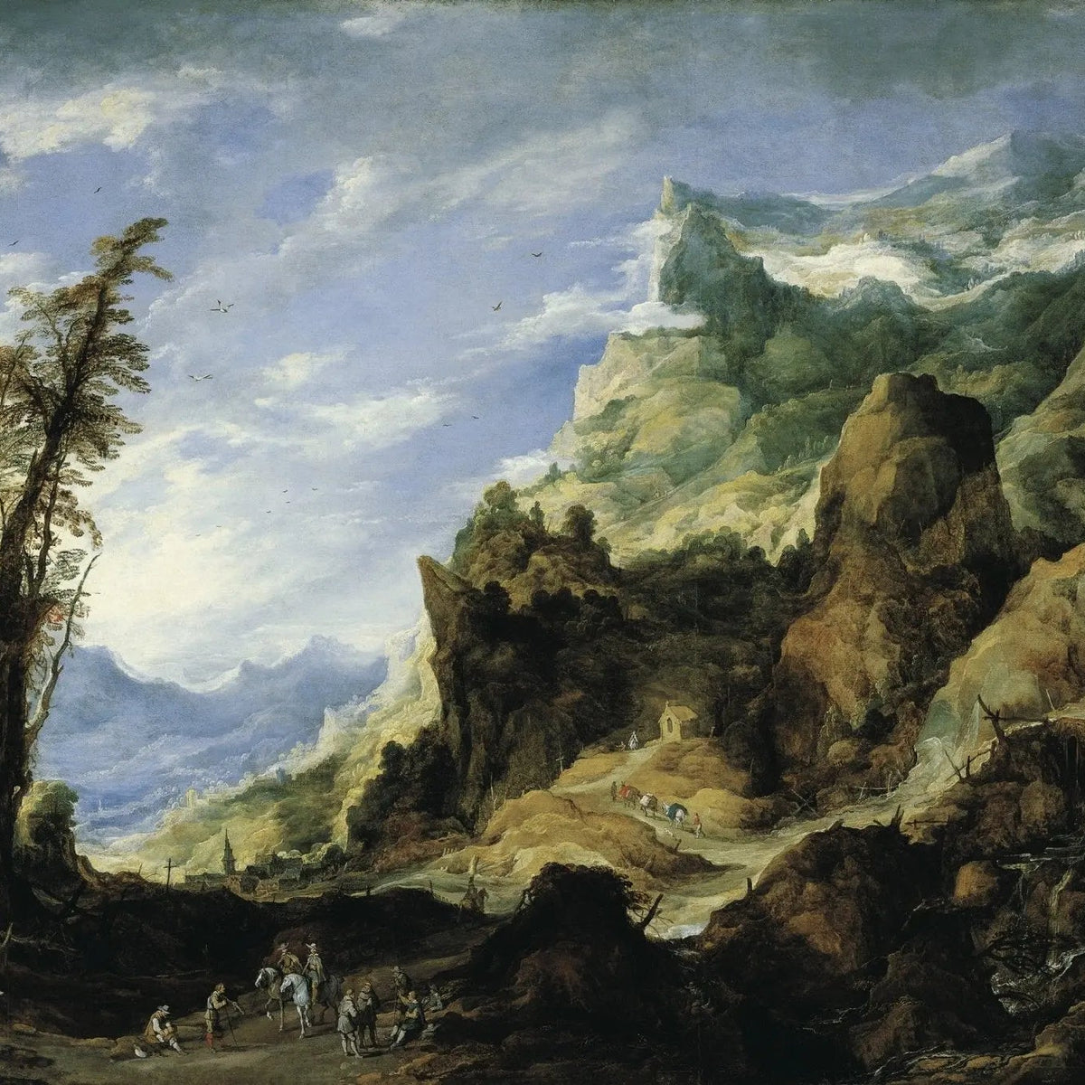 Landscape Oil Painting - Mountain Valley with Travelers & Peaks - Oil Painting Haven