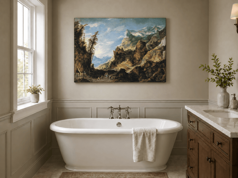 Landscape Oil Painting - Mountain Valley with Travelers & Peaks