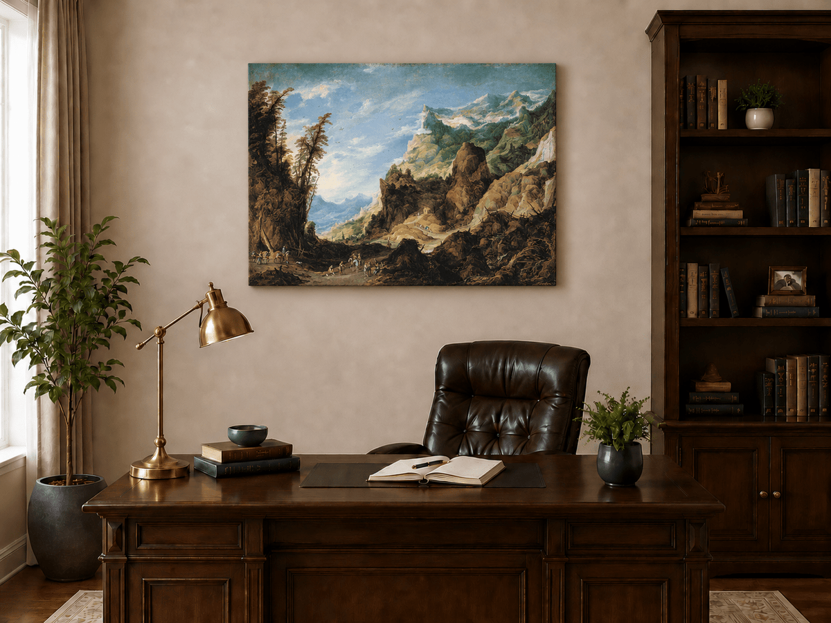 Landscape Oil Painting - Mountain Valley with Travelers & Peaks
