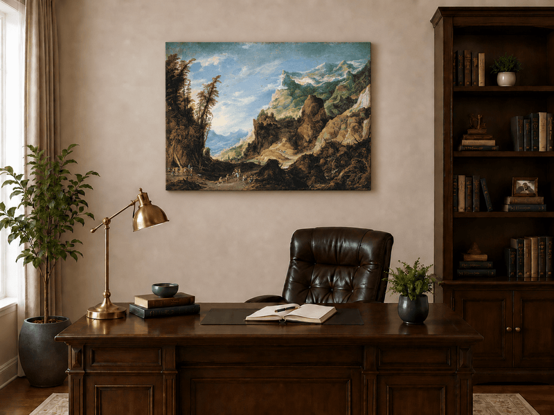 Landscape Oil Painting - Mountain Valley with Travelers & Peaks