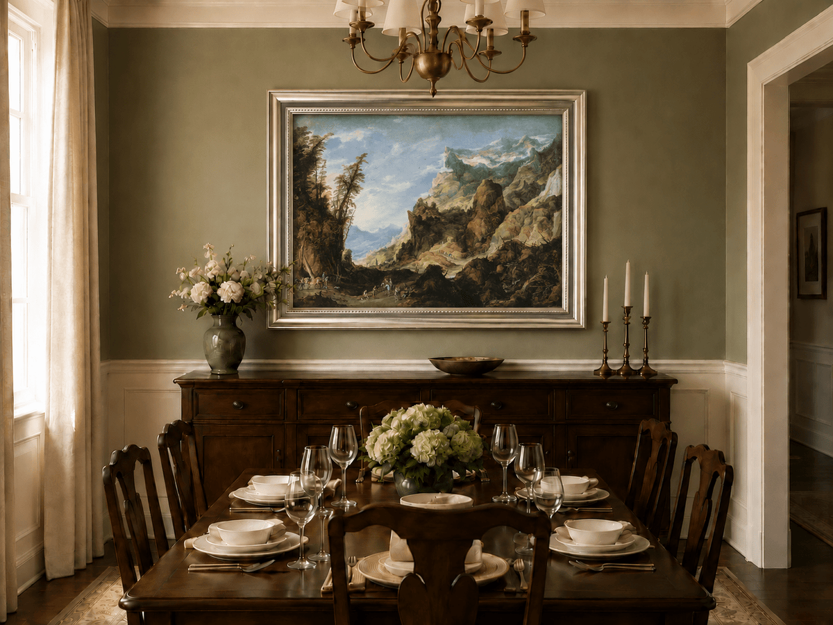 Landscape Oil Painting - Mountain Valley with Travelers & Peaks