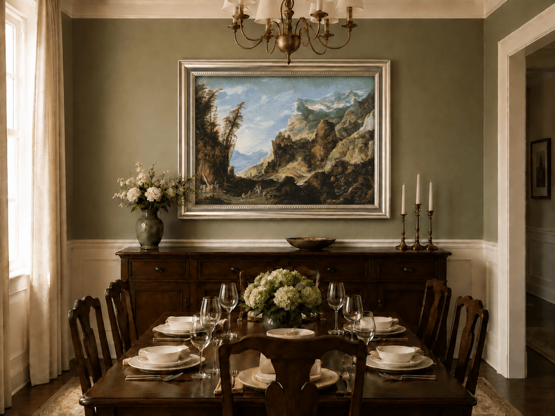 Landscape Oil Painting - Mountain Valley with Travelers & Peaks