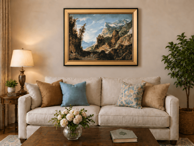 Landscape Oil Painting - Mountain Valley with Travelers & Peaks