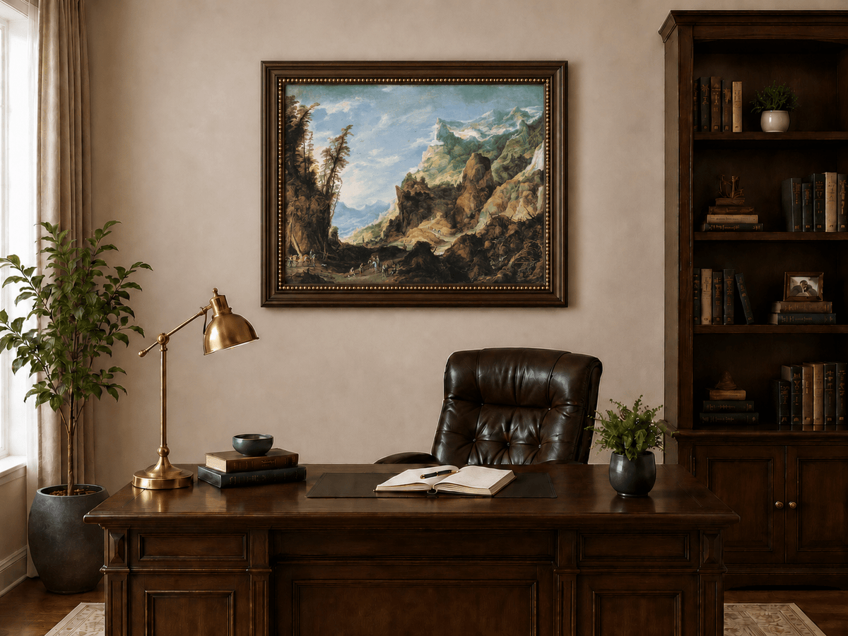 Landscape Oil Painting - Mountain Valley with Travelers & Peaks