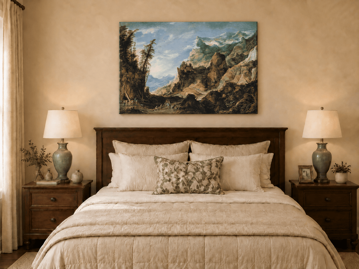 Landscape Oil Painting - Mountain Valley with Travelers & Peaks