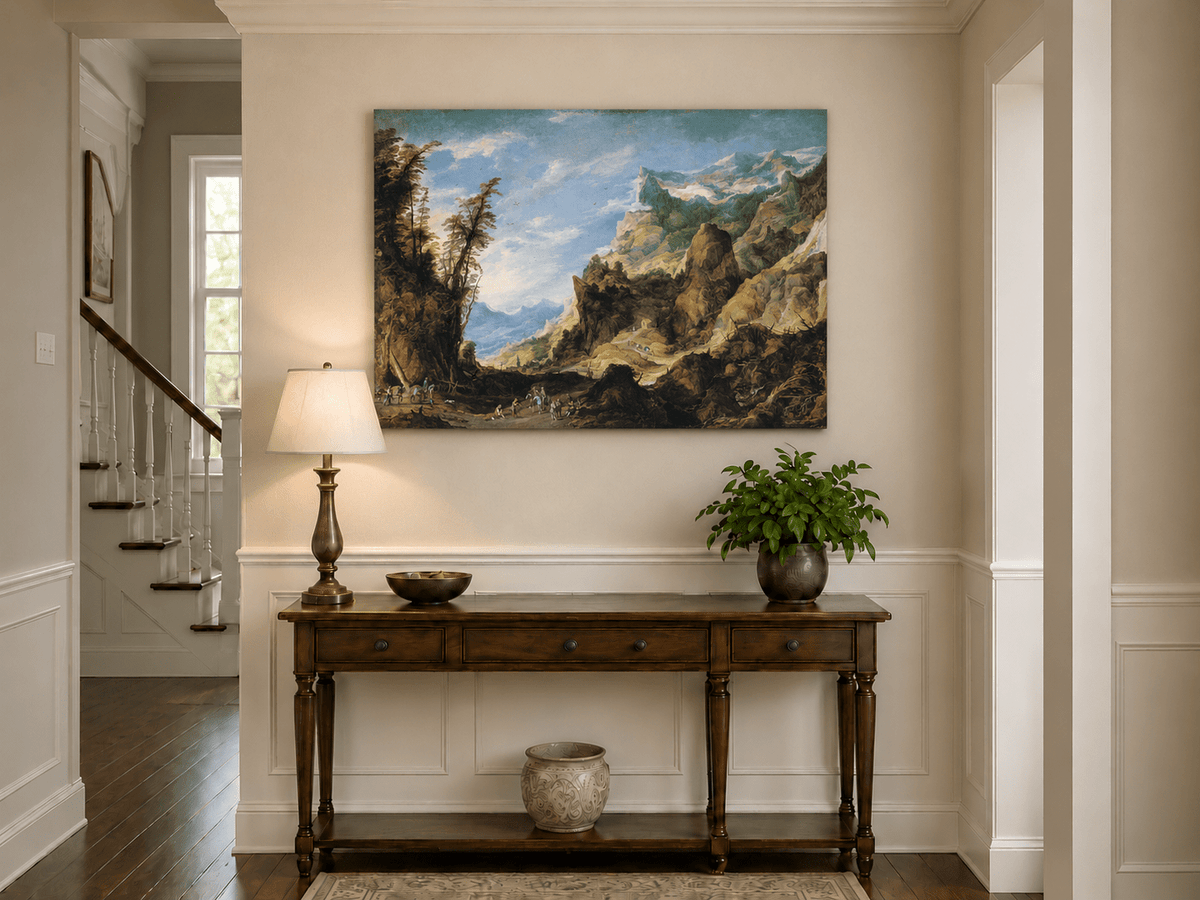 Landscape Oil Painting - Mountain Valley with Travelers & Peaks
