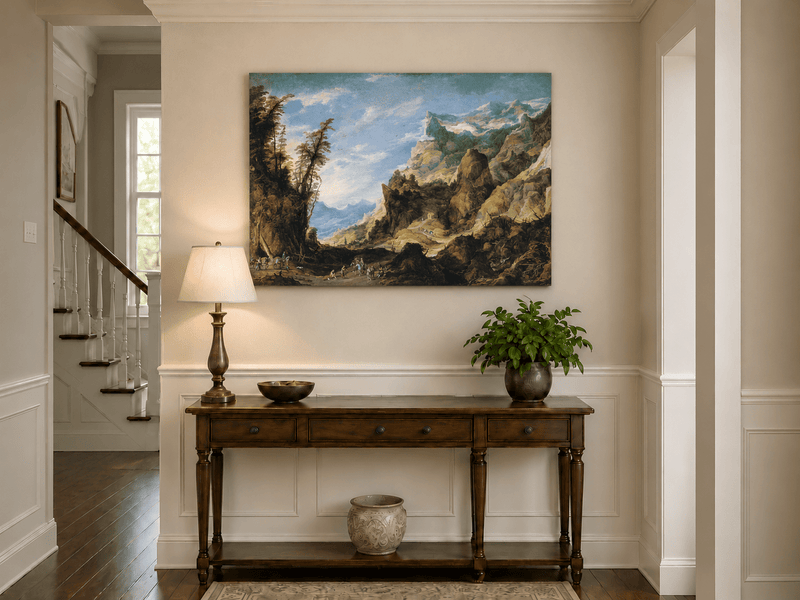 Landscape Oil Painting - Mountain Valley with Travelers & Peaks