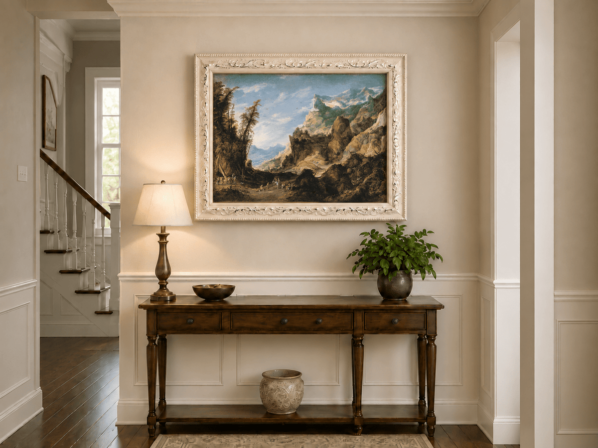 Landscape Oil Painting - Mountain Valley with Travelers & Peaks