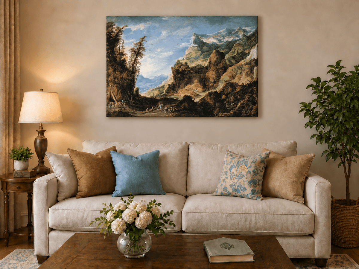 Landscape Oil Painting - Mountain Valley with Travelers & Peaks