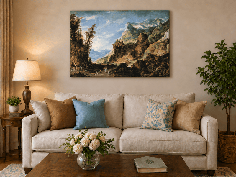 Landscape Oil Painting - Mountain Valley with Travelers & Peaks