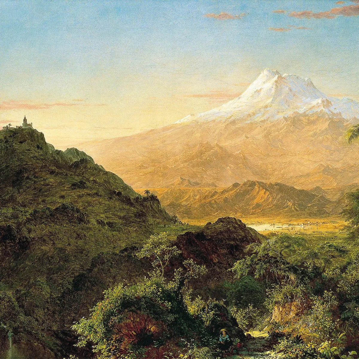 Landscape Oil Painting - Mountain Valley with Tropical Foliage & Snow Peak - Oil Painting Haven