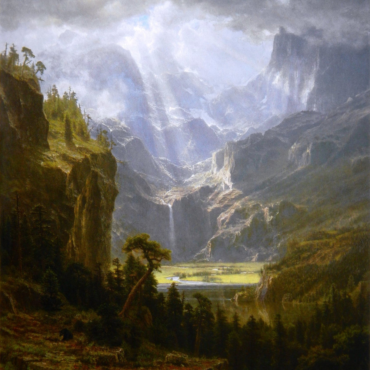 Peinture à l'huile de paysage - Vallée de montagne avec cascade et lac
