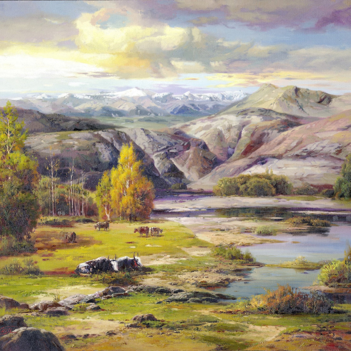 Landscape Oil Painting - Mountain Valley, Yaks, River & Snow Peaks - Oil Painting Haven