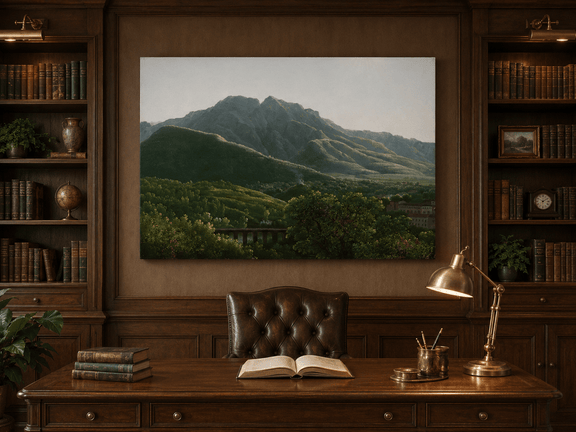 Hand-painted mountain view with bridge and greenery landscape oil painting displayed above a desk in a home office interior.