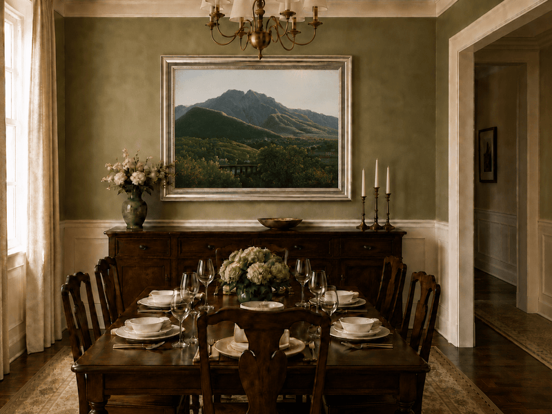 Hand-painted mountain view with bridge and greenery landscape oil painting displayed in a dining room interior.