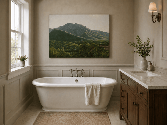 Hand-painted mountain view with bridge and greenery landscape oil painting displayed in a bathroom interior above a bathtub.