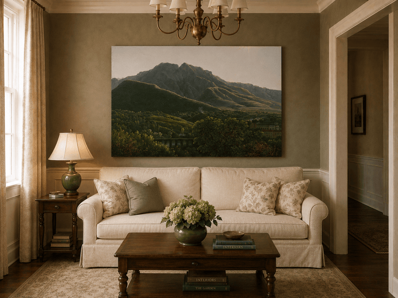 Hand-painted mountain view with bridge and greenery landscape oil painting displayed above a sofa in a living room interior.