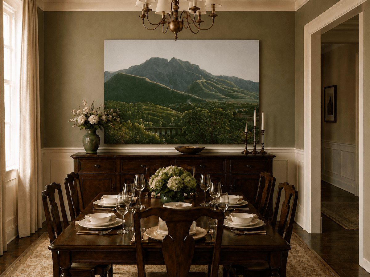 Hand-painted mountain view with bridge and greenery landscape oil painting displayed in a dining room interior.