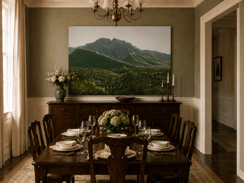 Hand-painted mountain view with bridge and greenery landscape oil painting displayed in a dining room interior.