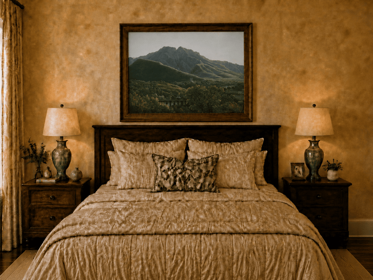 Hand-painted mountain view with bridge and greenery landscape oil painting displayed above a bed in a bedroom interior.