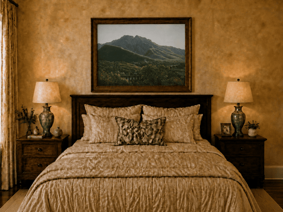 Hand-painted mountain view with bridge and greenery landscape oil painting displayed above a bed in a bedroom interior.