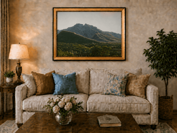 Hand-painted mountain view with bridge and greenery landscape oil painting displayed above a sofa in a living room interior.