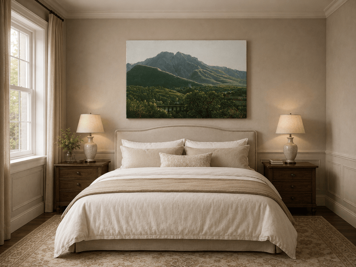 Hand-painted mountain view with bridge and greenery landscape oil painting displayed above a bed in a bedroom interior.
