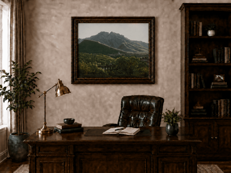 Hand-painted mountain view with bridge and greenery landscape oil painting displayed above a desk in a home office interior.
