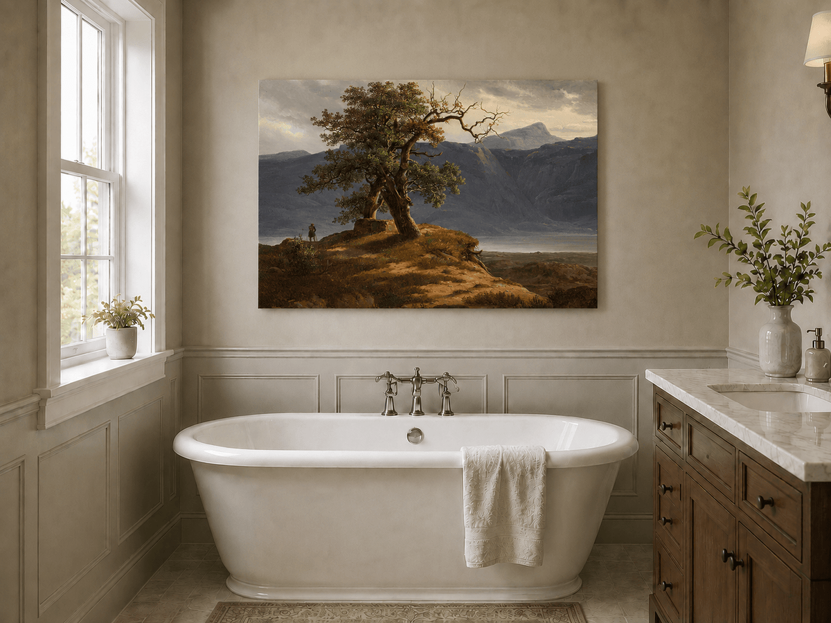 Landscape Oil Painting - Mountain View with Lone Tree and Figure
