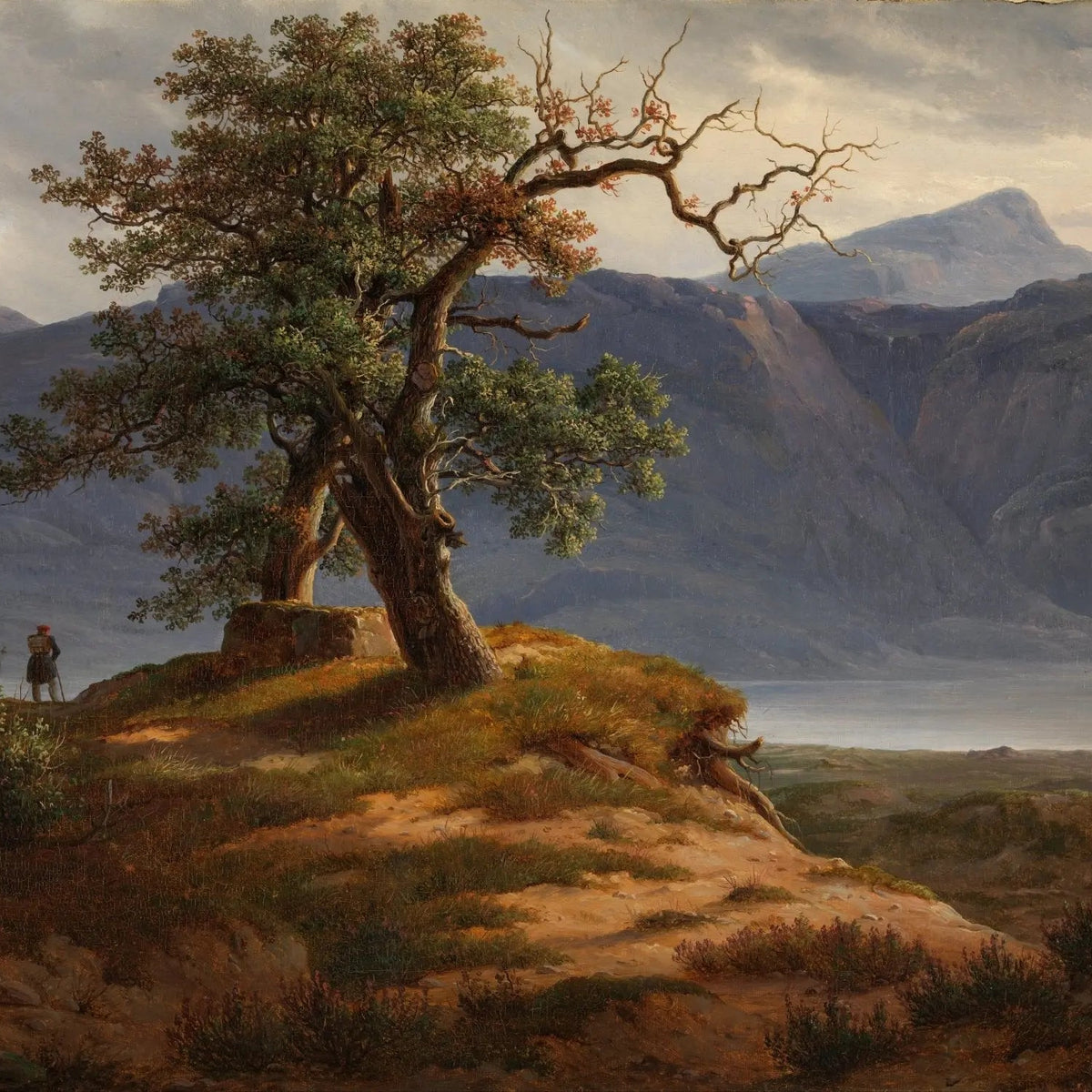 Landscape Oil Painting - Mountain View with Lone Tree and Figure - Oil Painting Haven