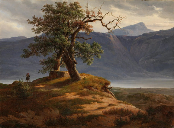 Landscape Oil Painting - Mountain View with Lone Tree and Figure - Oil Painting Haven