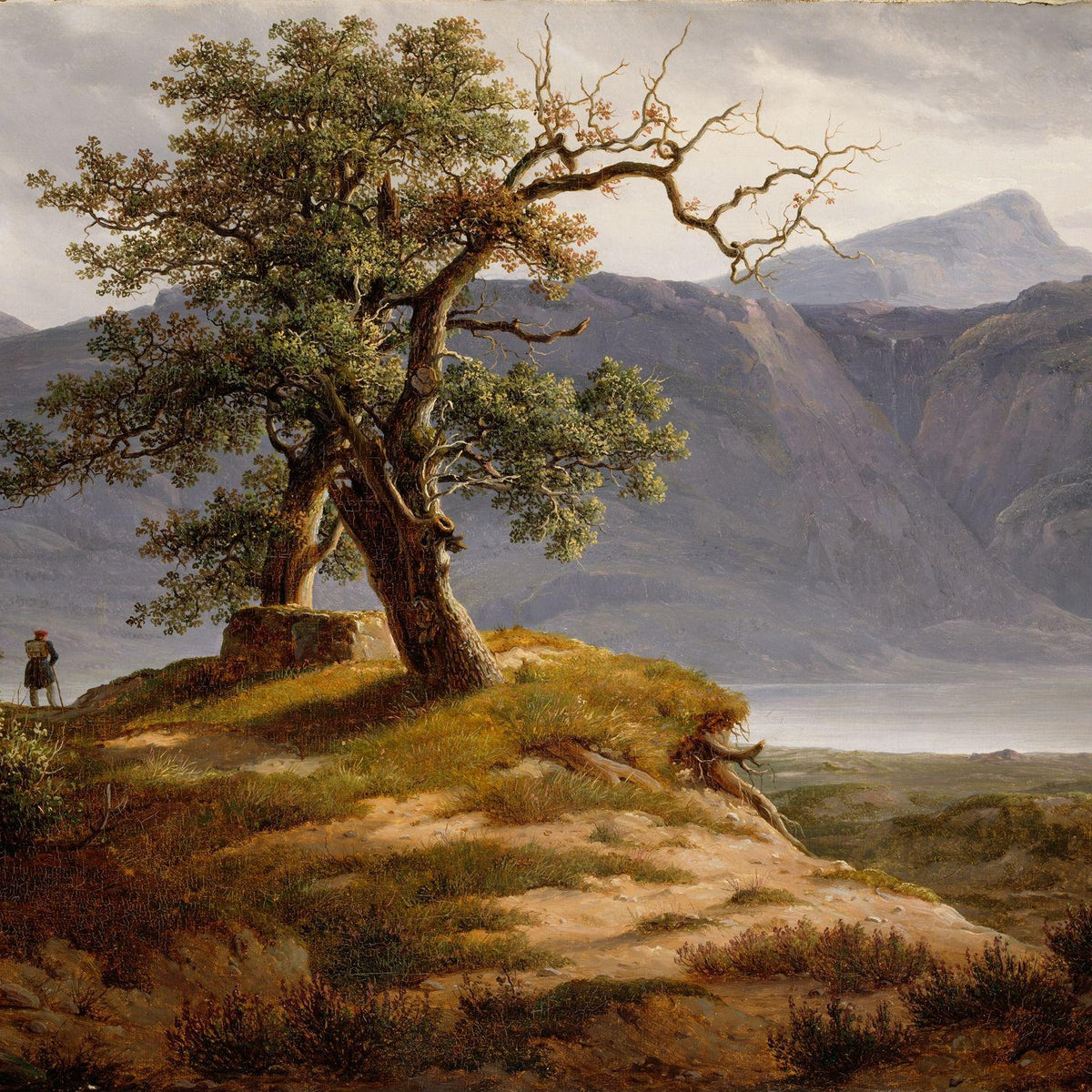 Landscape Oil Painting - Mountain View with Lone Tree and Figure - Oil Painting Haven
