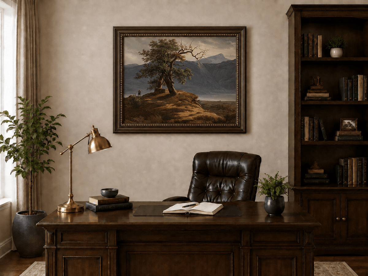 Landscape Oil Painting - Mountain View with Lone Tree and Figure
