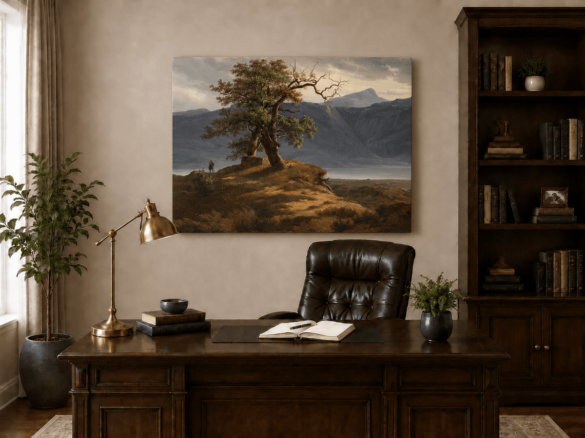 Landscape Oil Painting - Mountain View with Lone Tree and Figure