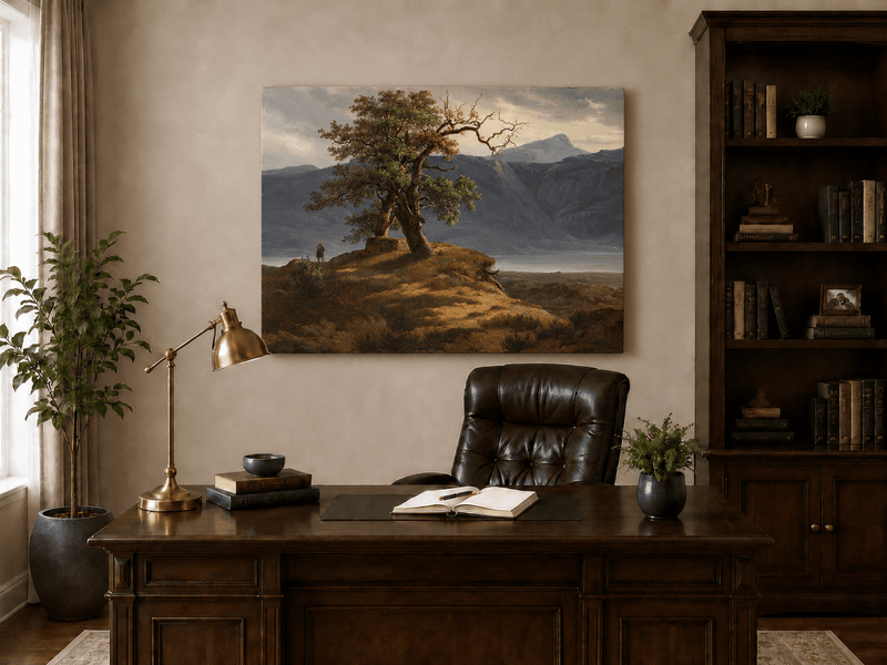 Landscape Oil Painting - Mountain View with Lone Tree and Figure