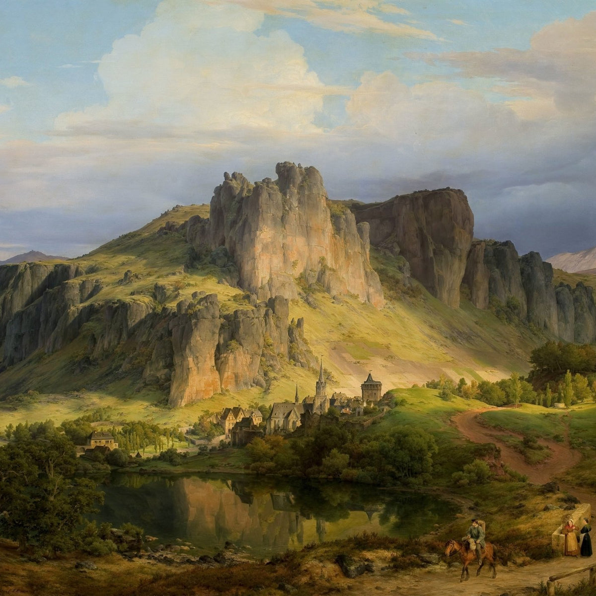 Landscape Oil Painting - Mountain Village Beneath Golden Cliffs - Oil Painting Haven