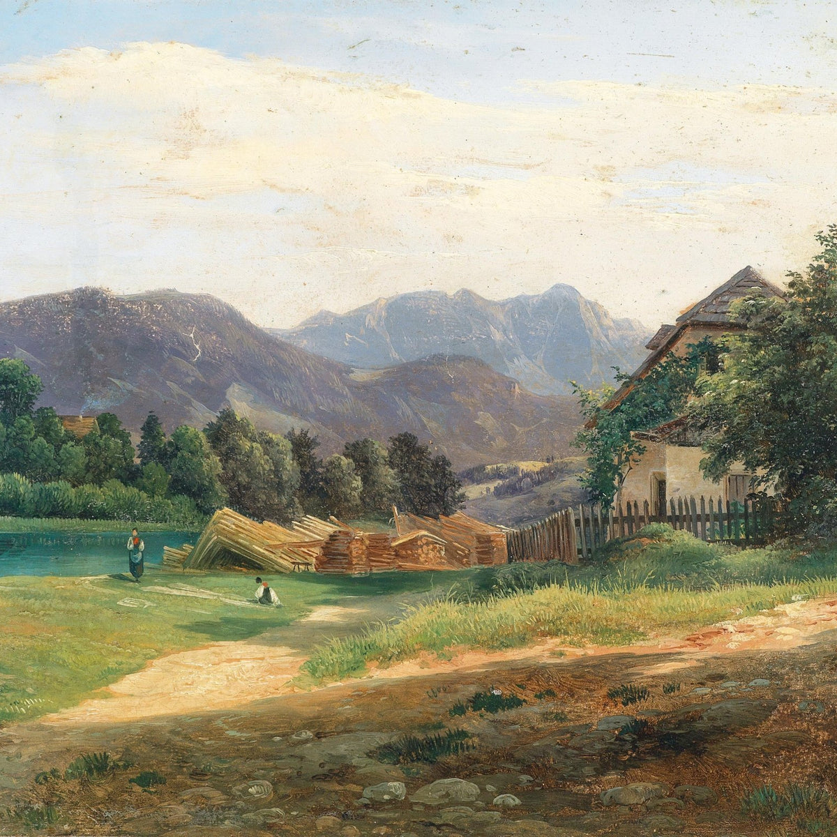 Landscape Oil Painting - Mountain village meadow & lake, timber stack - Oil Painting Haven