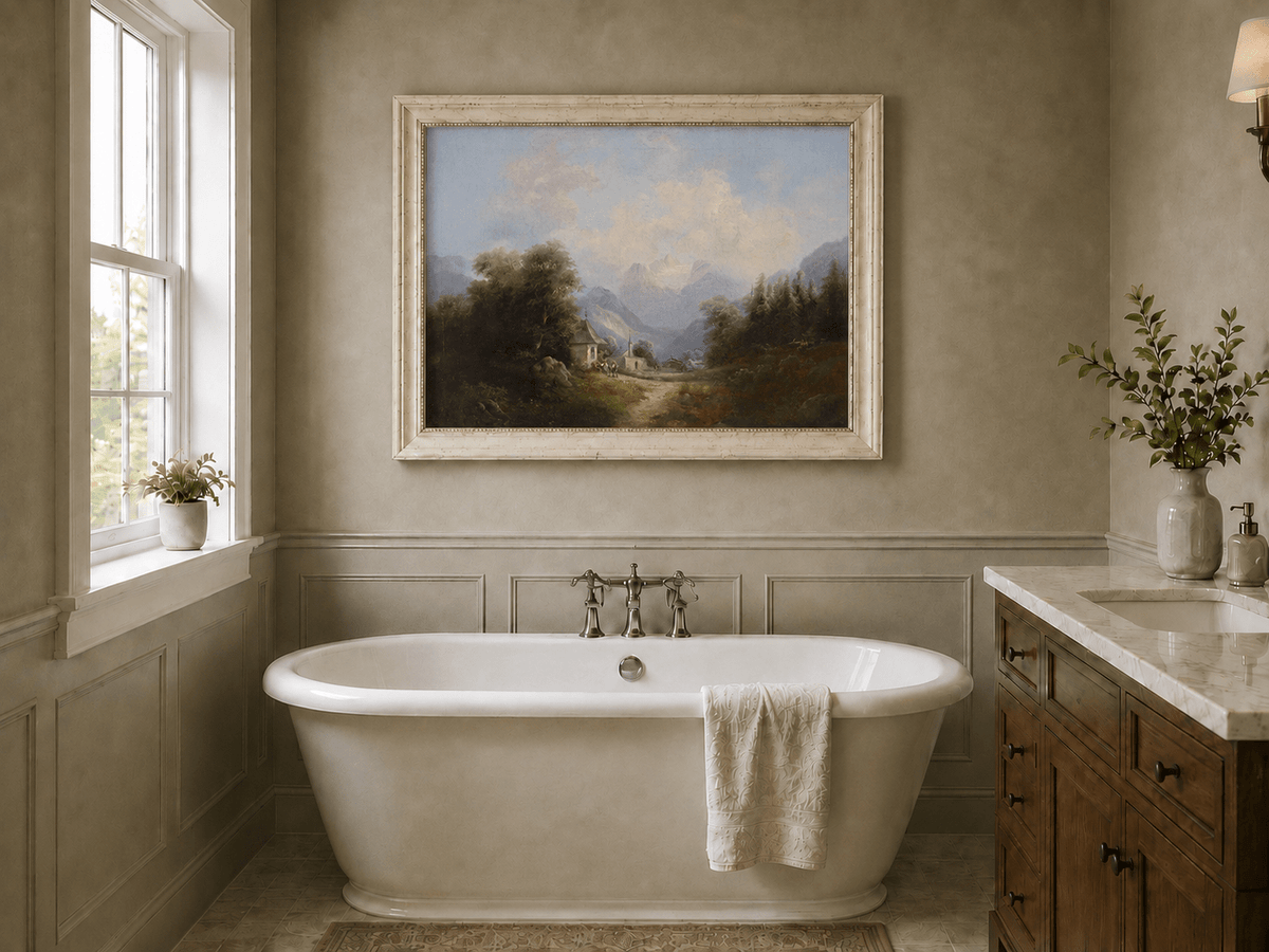 Landscape Oil Painting - Mountain Village Path Chapel & Distant