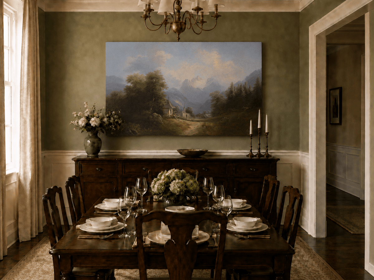 Landscape Oil Painting - Mountain Village Path Chapel & Distant